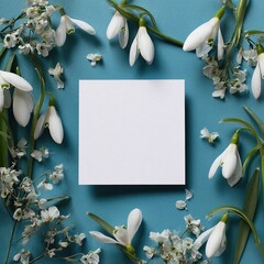 Square blank card on turquoise background framed by snowdrops and small white flowers