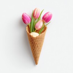 Pink tulips, green leaves, and a scoop of light colored dessert arranged in a waffle cone