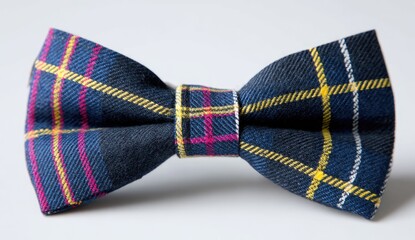 A navy blue and yellow plaid bow tie