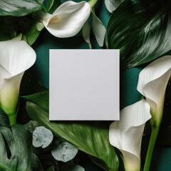 White calla lilies and lush foliage frame a blank square against a deep green backdrop
