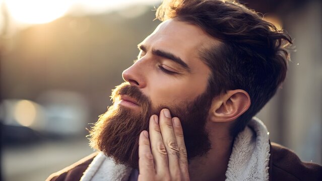 Beard Balm Application in Warm Glow. Bearded man applying aftershave balm to cheeks, warm lighting, detailed beard texture.