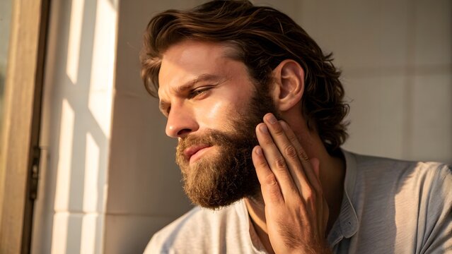 Beard Balm Application in Warm Glow. Bearded man applying aftershave balm to cheeks, warm lighting, detailed beard texture.