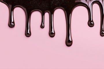 Dripping dark liquid on a pastel pink background. Close-up of glossy fluid droplets