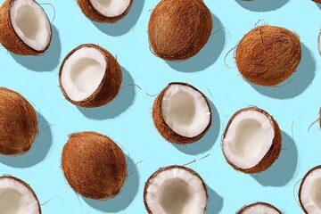 Overhead shot of whole & halved brown coconuts arranged on a light blue backdrop