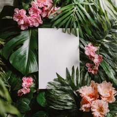 White card surrounded by lush green tropical foliage and soft pink flowers