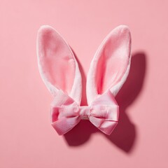 Overhead shot of fluffy pink bunny ears with a matching bow on a solid pink background