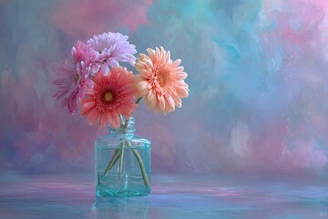 A colorful gerbera daisy bouquet in a small glass vase against a dreamy, pastel backdrop