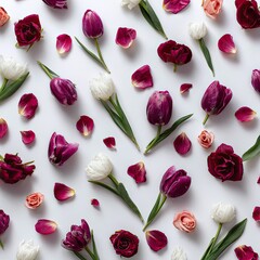Floral arrangement of various colorful tulips, roses and petals on a white background