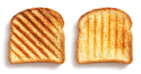 Two slices of toasted bread, one with diagonal grill marks, the other with vertical grill marks.  Both slices are golden brown and show the texture of the toasted bread