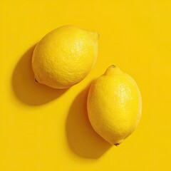 Two bright yellow citrus fruits, top-down view, against a matching background