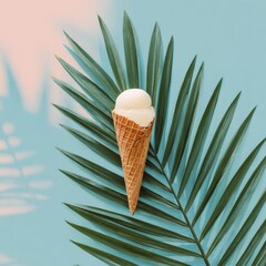 Vanilla ice cream cone resting atop a green palm leaf, against a pastel blue backdrop