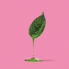 A detailed leaf is dripping vibrant green liquid, resting on a pink backdrop
