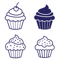 Four elegant line art cupcake designs on white background ideal for food and dessert themes