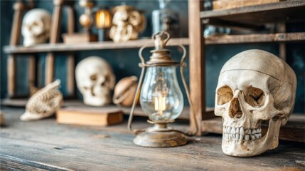 Antique Decor Display Featuring Skulls, Lantern, Books, and Curiosities on Wooden Shelf in Atmospheric Setting