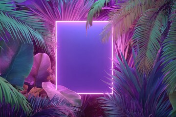 Lush tropical foliage surrounds a glowing neon square. Vivid colors, a vibrant, futuristic feel