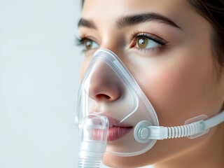 Woman wearing a non-rebreather mask for oxygen therapy.