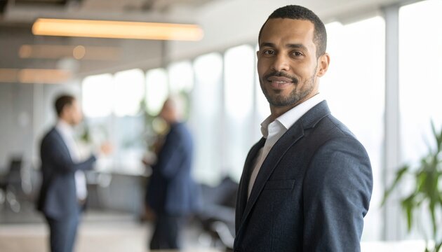 Confident diverse businessman smiling positively in a modern corporate office environment, portraying leadership and success in a professional setting with blurred colleagues in the background