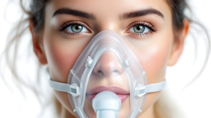 Close-up of a woman wearing an oxygen mask.