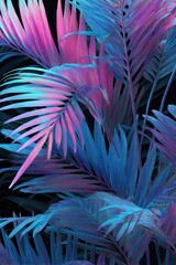 Vivid illustration of glowing palm fronds in neon pink and blue against a dark backdrop