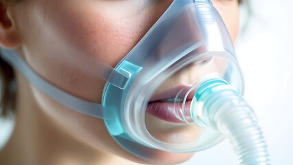 Close-up of a person wearing an oxygen mask.
