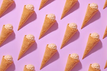An array of ice cream cones with light colored scoops arranged on a pastel pink background