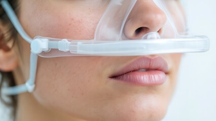 Close-up of a woman wearing a nasal cannula for oxygen therapy.