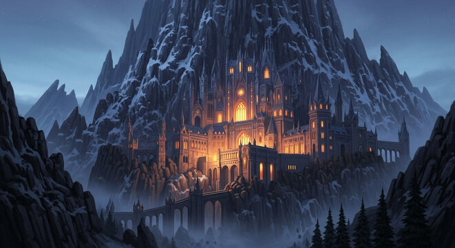 Majestic mountain fortress illuminated against a twilight sky, a beacon of light amidst the towering peaks and serene, snowy landscape