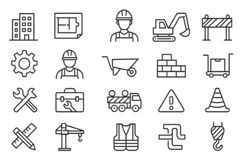Construction line icon set. Vector symbols for building, engineering, and architecture. Includes builder tools, excavator, crane, and road work signs. Industry pictograms.