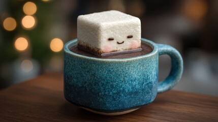 Cute marshmallow character floating in hot beverage inside a colorful ceramic mug captured in festive, cozy indoor setting