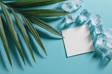 Tropical layout of a palm frond, ice cubes, and blank square on a turquoise surface