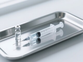 Vaccine vial and syringe on a metal tray, ready for injection.