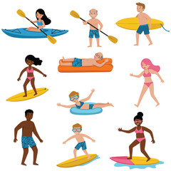 Fototapeta premium Vibrant 2D flat design people characters are depicted swimming and joyfully playing a variety of water sports activities against a clean, plain white background.