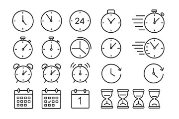 Time and clock line icon set. Vector collection of 24 pictograms. Watch, timer, speed, alarm, calendar, date, deadline, 24 hours, stopwatch and hourglass symbols. UI UX kit.