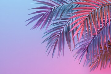 Palm fronds bathed in vibrant pink and teal light, creating a tropical, dreamy atmosphere