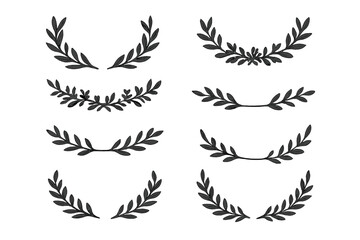 Set of black laurel branches, vintage hand-drawn vector laurel leaves, decorative floral ornament dividers, wreath elements for awards, design swirls, nature foliage accents