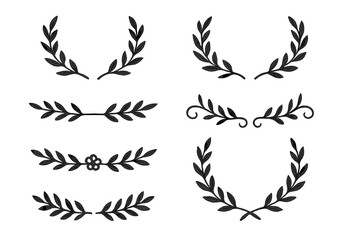 Set of black laurel branches and vintage flower ornament dividers collection, hand-drawn vector laurel leaves decorative elements with swirls, award wreaths, nature foliage design