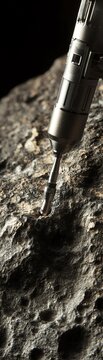 Close-up of a drill penetrating rock surface, highlighting geological research or industrial usage in a scientific environment.