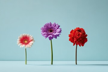 Three colorful gerbera daisies with green stems stand out against a light blue backdrop