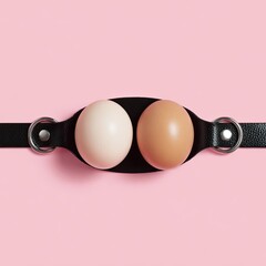 Two eggs secured in black leather against a pink backdrop, suggestive conceptual imagery