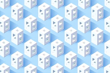 Geometric, repeating pattern of white, cube-shaped structures with cut-out windows on light blue
