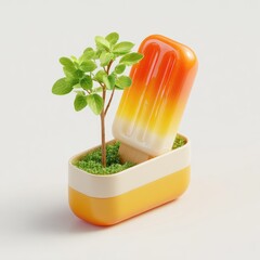 A miniature garden with a popsicle and a small tree in a yellow rectangular container