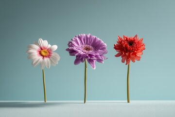 Three colorful gerbera daisies in a row against a light blue backdrop