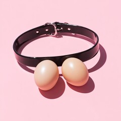 Two eggs below a black collar on a pink background, lit with a soft light and shadow