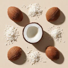 Overhead shot of coconuts and shredded coconut on a neutral surface, symmetrically arranged