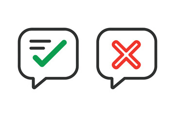Speech bubble with green check mark and red cross symbol, dos and don'ts concept, simple modern flat logotype design, checklist element, accept reject signs, evaluation quiz indicators