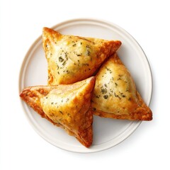 Three golden-brown, triangular pastries on a white plate
