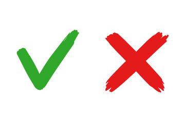 Green checkmark and red cross brush stroke signs, tick and cross icons, yes and no symbols, approval and rejection marks, isolated on white, simple graphic design, voting buttons