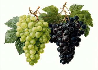 Two bunches of grapes, green and dark purple, on vines with leaves