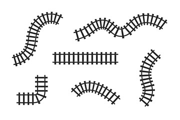 Vector railroad and railway tracks construction elements, wavy trackway structure for train traffic, transport infrastructure illustration, seamless vector design with transparent background