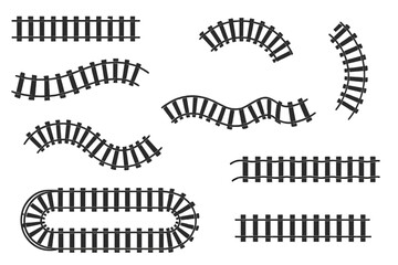 Vector railroad and railway tracks construction elements with wavy and curved trackway structures for train transportation and traffic illustration on transparent background